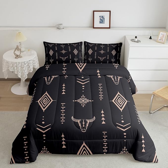 Bull Skull Comforter Set Twin Boho Bedding Ethnic Horns Bohemian Bedding Comforter Sets Black Brown Tribal Symbol Mysterious Aztec Bedroom Decor Abstract Geometric Duvet Insert for Men Boys