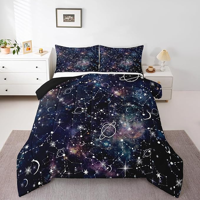 Erosebridal Starry Sky Comforter Set Full Size Constellation Bedding Set Galaxy Sun Moon Down Comforter Purple Universe Print Bedroom Decor Quilt Set for Kid Men Women
