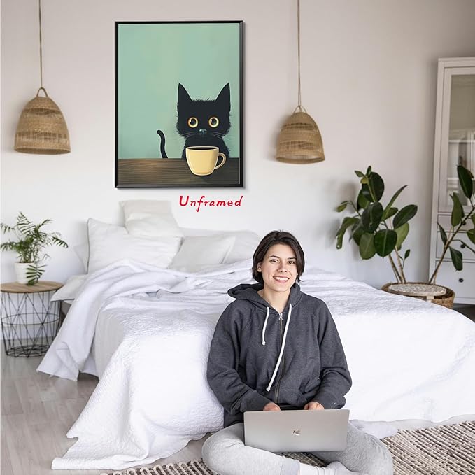Yaneiro Fun Black Cat Wall Art Abstract Drinking Coffee Picture Cute Retro Black Cat Wall Decor Canvas Poster Print Suitable for Cafe Bar Living Room Restaurant Bedroom 12x16in Unframed