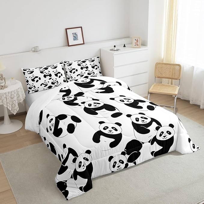 Erosebridal Cartoon Panda Comforter Set, Cute Panda Down Comforter Full, Wildlife Animal Quilted Duvet Insert for Nursery Toddler Kids Boys Girls
