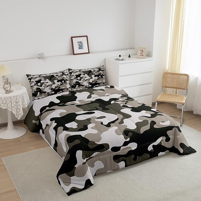 Camouflage Comforter Set Grey Camo Bedding Sets Twin Size Militarily Army Down Comforter for Boys Teens Men Adult Tie Dye Retro Geometric Warm Soft Quilted Duvet 2Pcs Bedroom Decor, All Season