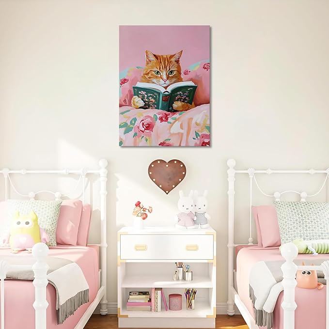 Yaneiro Framed Vintage Cats Canvas Wall Art, Funny Animal Reading Books Poster Printing Pictures, Pink Cute Cat Lovers Wall Decor for Girls Room Bedroom Kids Room Living Room Bathroom 16x24 in