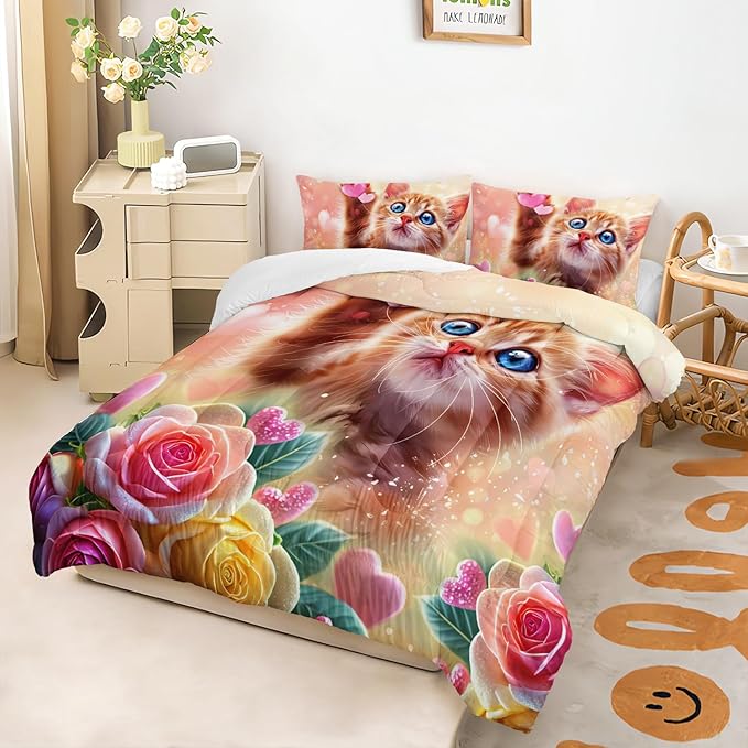 AILONEN Cat Comforter Set Twin Size,Watercolor Cat Bedding for Girls, Cute Cartoon Kitten Bedding Pink Flower Cat Twin Comforter Sets for Kids,1 Comforter+ 2 Pillowcase-3 Pieces