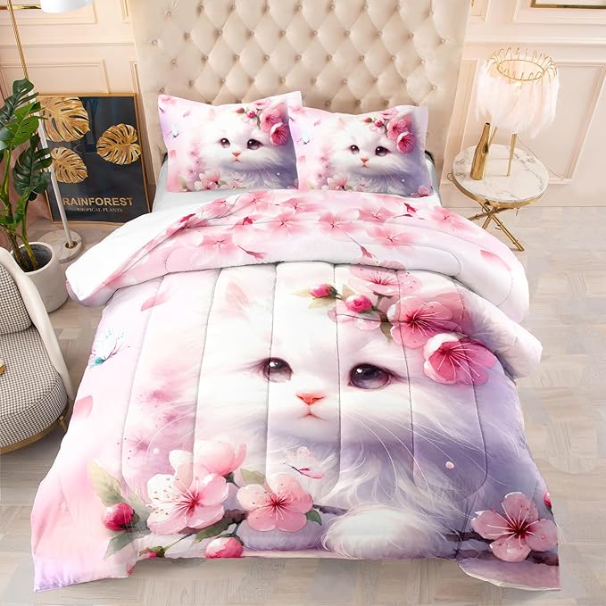 AILONEN Queen Bedding Set, Pink Cherry Blossom Kitten Comforter with 2 Pillowcases, 3 Piece Butterfly Cat Soft Duvet Set