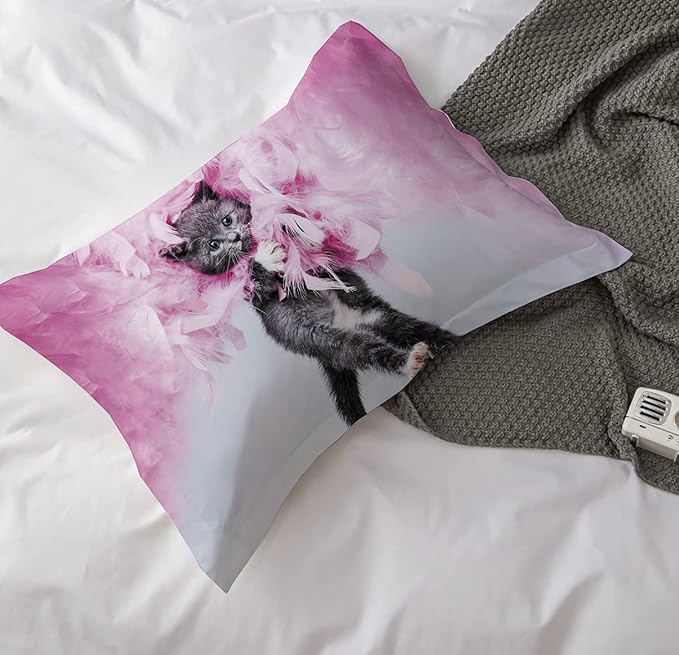 Yasida Cat Comforter Set Queen Size for Kids Pink Feathers Black Cat 3Pcs Bedding Set for Boys and Girls (1Comforter+ 2 Pillowcases) Lovely Animal Pets Comforter Set