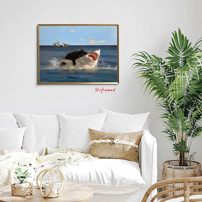 Yaneiro Black Cat Wall Art, Funny Quirky Cat and Shark Pictures Canvas Print, Abstract Black Cat Shark Posters Wall Decor for Room Bedroom Living Room Bathroom 12x16in Unframed