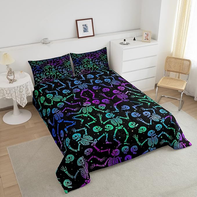 Erosebridal Sugar Skull Comforter Set Halloween Bedding Set Twin Size Green Blue Purple Ombre Down Comforter for Kids Boys Girls Skeleton Bones Quilted Duvet Warm Soft Horror Theme Bedroom Decor 2Pcs