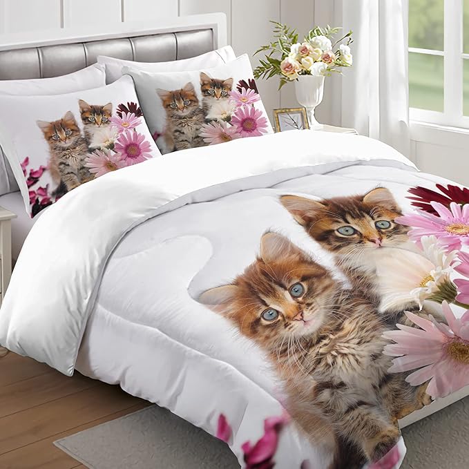 Yasida Cat Comforter Set Queen Size for Kids Pink Flowers Cats 3Pcs Bedding Set for Boys and Girls (1 Comforter+ 2 Pillowcases) Lovely Animal Pets Duvet Set
