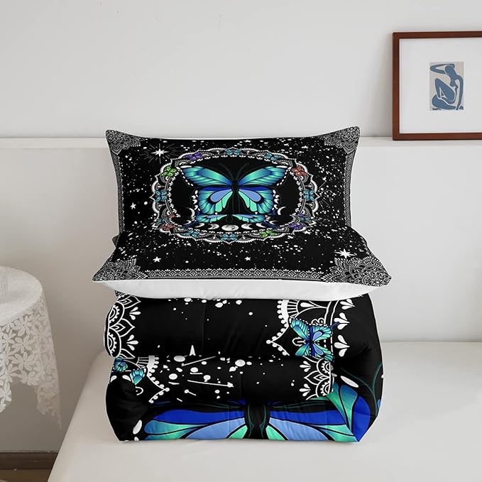 Erosebridal Butterfly Bedding Set Queen Size Galaxy Duvet Set Starry Sky Comforter Sets Boho Colorful Wild Animals Down Comforter for Moth Trippy Moon All Season Mandala Black White Duvet Set