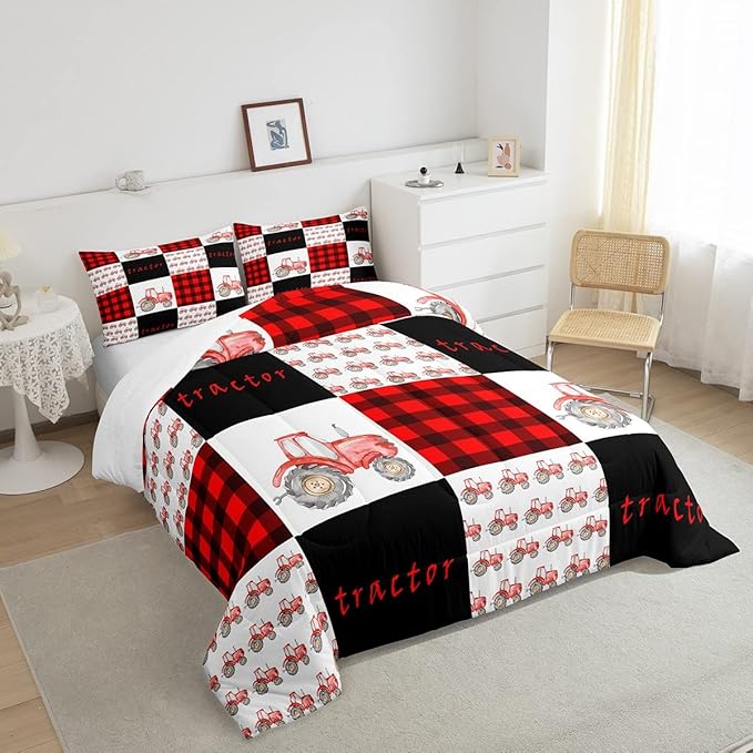 Erosebridal Tractor Bedding Set Red Tractor Comforter for Boys Kids Girls Teens Equipment Truck Comforter Set King Buffalo Plaid Down Comforter Farmhouse Harvester Grid Quilt Set, Black