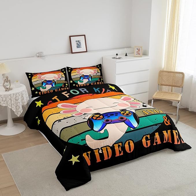 Gamer Bedding Set Axolotl Comforter Set Full, Video Games Gaming Down Comforter For Kids Boys Girls Teens, Rainbow Duvet Set, Cute Wildlife Animal Bedroom Decor, Pink Orange, With 2 Pillow Cases