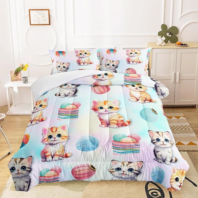 AILONEN Cute Cat Kitten Comforter Set Twin Size, Kids Girls Soft Microfiber Bedding Set for Bedroom,Colorful Watercolor Cat Comforter with 2 Pillowcases,3-Piece