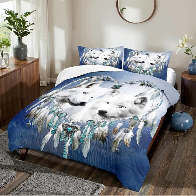 Dream Catcher Wolf Comforter Set Queen White Wolves Comforter Navy Blue Boho Bedding Set Wildlife Animal Bed Set for Adult Women Teen Kids Dreamcatcher Comforter with 2 Pillowcases