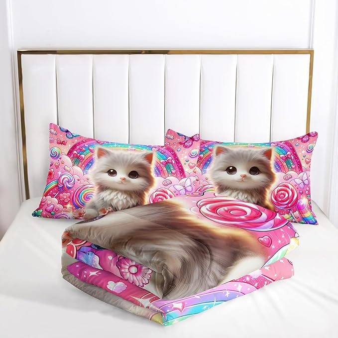 AILONEN Cute Cat Kitten Kids Comforter Set Full Size,Rainbow Bedding Set,Fairy Butterfly Cartoon Pink Comforter with 2 Pillowcases,Teen Girls Kawaii Comforter Set 3 Pieces