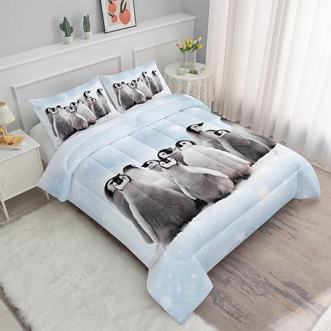 Bedding Comforter Set Penguin Snow Printed Pattern Quilt Bedding Set with 1 Comforter and 2 Pillowcases for Girls and Boys Bedroom All Season(Penguin Full)