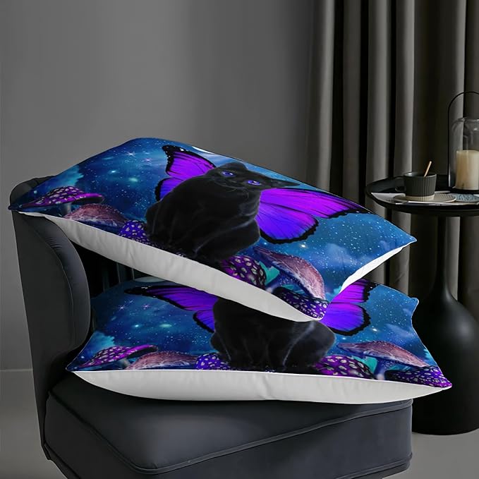 AILONEN Black Cat Comforter Set Queen Size, Butterfly Cat Bedding Set for Girls Boys,Blue Starry Moon Purple Mushroom Duvet Set 3 Pieces, 1 Quilt and 2 Pillowcases