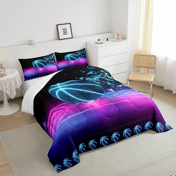 Basketball Comforter Set Full Size Neon Sport Bedding Set For Kids Boys Girls Teens Blue Purple Gradient Glowing Basketball Down Comforter Room Decor Lightweight 2 pillow cases Duvet Insert