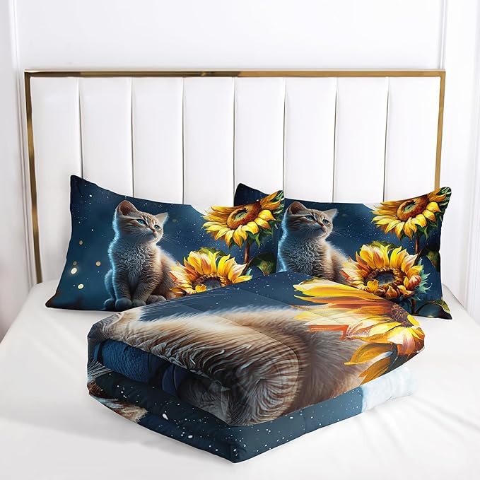 Ailonen Cute Cat Comforter Set, Full Size Sunflowers & Starry Moon, 3D Kawaii Duvet Set, 3 Pieces (1 Quilt & 2 Pillowcases)