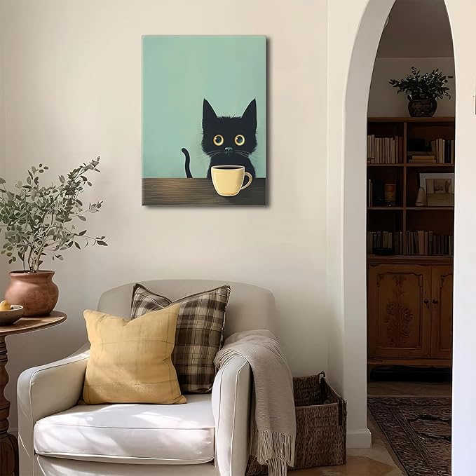 Yaneiro Framed Fun Black Cat Wall Art Abstract Drinking Coffee Picture Cute Retro Black Cat Wall Decor Canvas Poster Print Suitable for Cafe Bar Living Room Restaurant Bedroom 12x16in