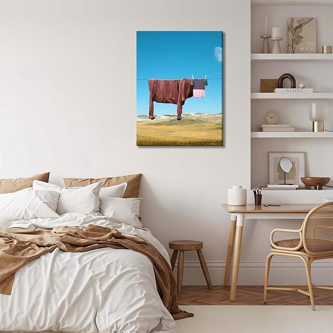 Yaneiro Framed Abstract Highland Cow Canvas Wall Art 12x16 in Highland Cow Bathroom Wall Posters Prints Pictures Decor Vintage Nature Landscape Living Room Wall Decor Kitchen Bedroom Modern Home Decor