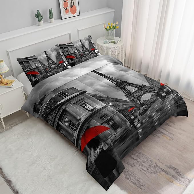 Bedding Comforter Set Paris Street Scenery Eiffel Tower Printed Pattern Quilt Bedding Set with 1 Comforter and 2 Pillowcases for Girls and Boys Bedroom All Season(Paris Queen)