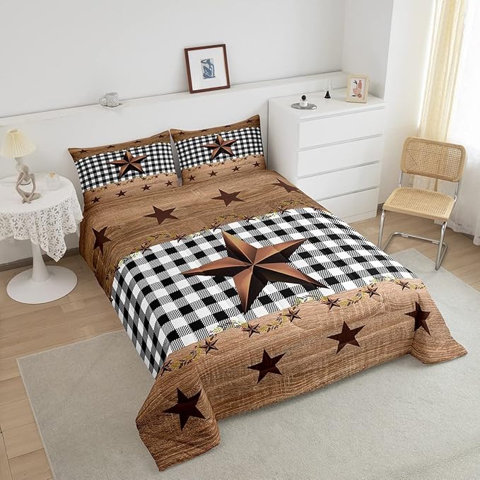 Western Texas Star Comforter Set Twin, Farmhouse Black Plaid Bedding, Brown Vintage Country Star Bedding Comforter Sets, Retro Rustic Checked Grid Bedroom Decor Wooden Grain Quilt For Kids Boys Girls