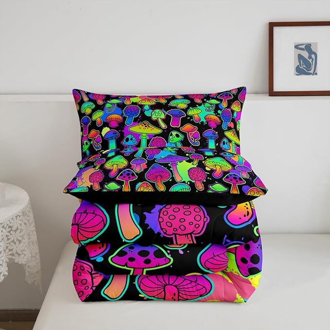 Erosebridal Mushroom Comforter Set Queen Cute Mushroom Comforter for Kids Girls Boys Trippy Cartoon Tie Dye Bedding Sets Teal Purple Neon Ombre Down Comforter Wild Colorful Botanical Quilt Set