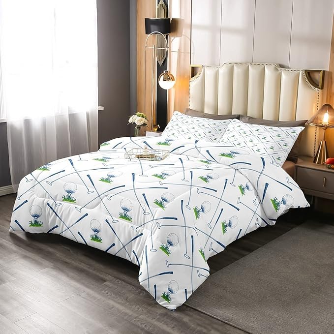Erosebridal Golf Comforter Set King Size Golf Club Bedding Set Sport Game Athlete Grass Leaf Branches Down Comforter for Men, Room Decorative 3 Pieces Comforter with 2 Pillowcases, White