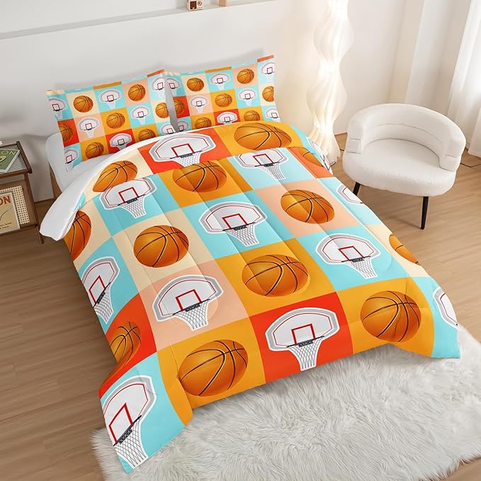 Basketball Comforter Kids Bedding Full Size,Sports Style Basketball Printing Bedding Set for Teens Boys Bedroom Decor,Ball Sports Games Comforter Set Soft Kids Bedding with 2 Pillowcases.
