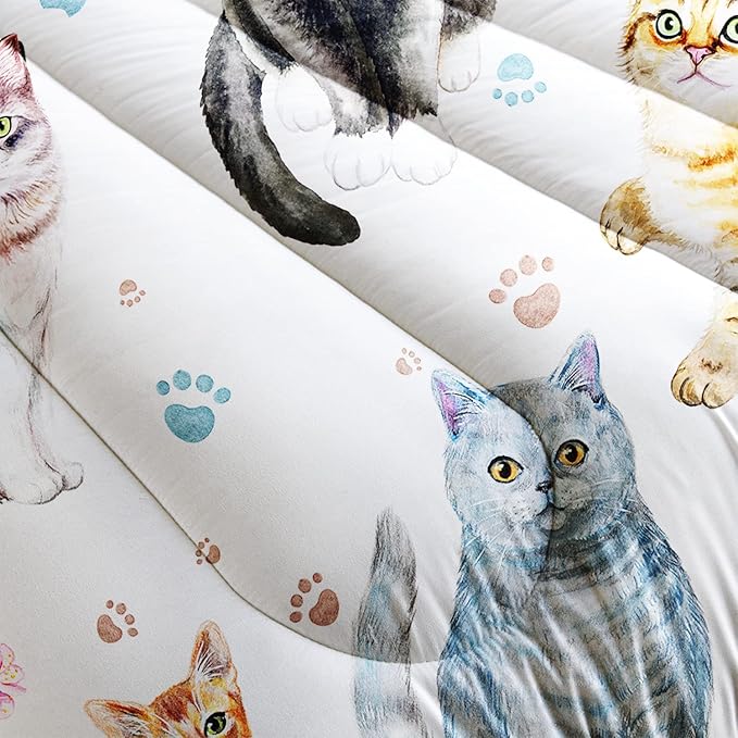 AILONEN Watercolor Cat Print Bedding Set Twin Size with Cats and Footprints Comforter Set for Boys Girls,Group of Cute Cats Soft Breathable White Tint Duvet Set 3 Pieces, 1 Quilt and 2 Pillowcases