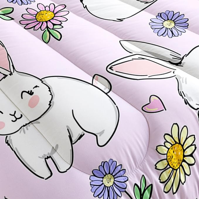 AILONEN Rabbit Comforter Set Full Size, Cute Bunny Bedding Set,Girls Kids Kawaii Comforter Set,Colorful Daisy Floral Duvet Set 3 Pieces, 1 Quilt and 2 Pillowcases