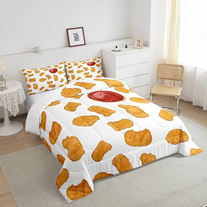 Erosebridal Chicken Nuggets Fried Comforter Set for Kids Boys Girls Teens Adult Food Bedding Set Queen Size Funny Food Down Comforter Men Women Duvet Set Bedroom Decor, Yellow