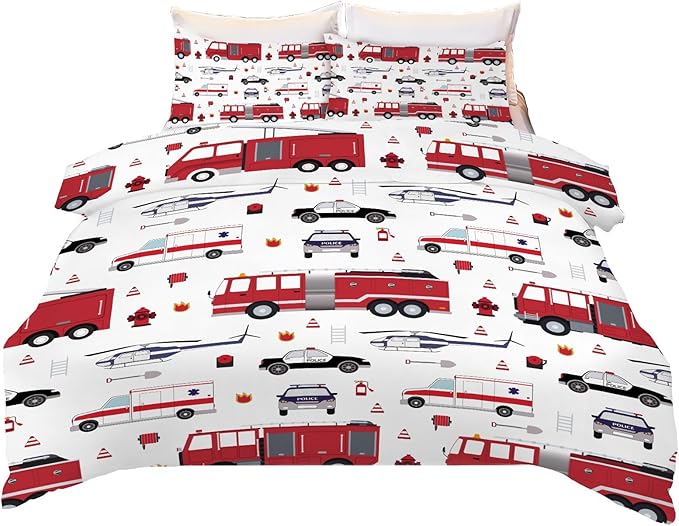Yasida 3Pcs Queen Fire Truck Comforter Bedding for Kids, Police Car Firemen Car Vehicle Helicopter Fitted Sheets for Boys and Girls Bedding Set(1Comforter+ 2 Pillowcases)