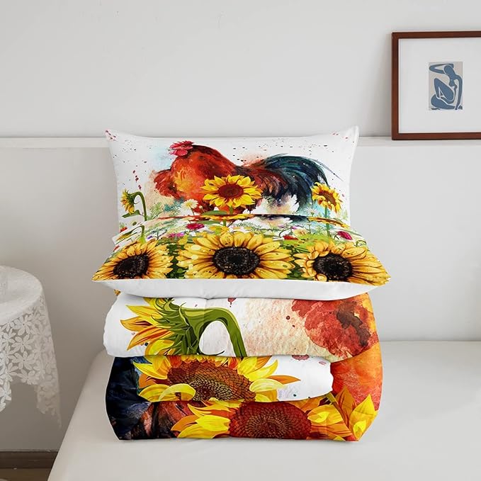 Erosebridal Sunflower Comforter Set Full Size, Chicken Bedding Set, Yellow Floral Down Comforter, Watercolor Botanical Chick Animal Red Rooster Duvet Set, Tie Dye Quilted Duvet Bedroom Decor