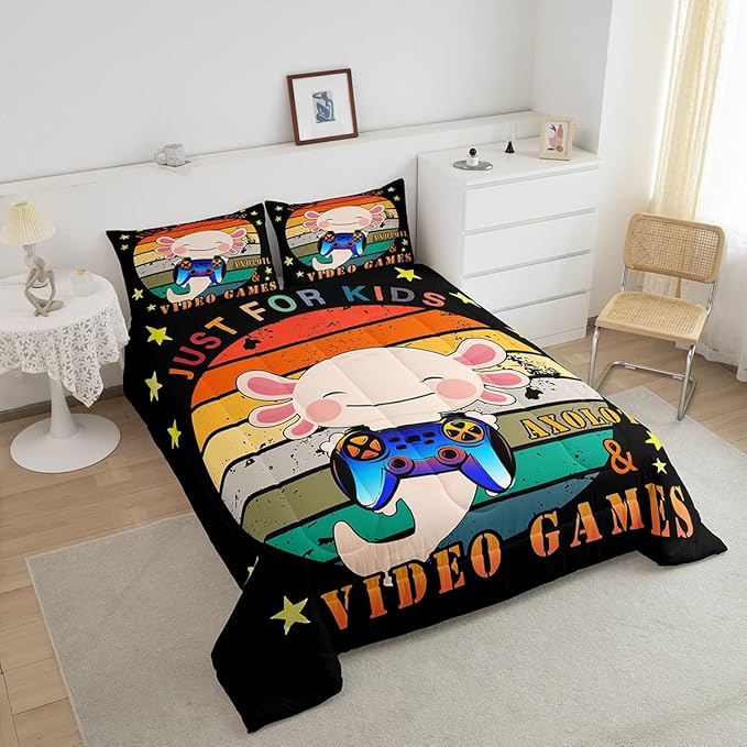 Gamer Bedding Set Axolotl Comforter Set Full, Video Games Gaming Down Comforter For Kids Boys Girls Teens, Rainbow Duvet Set, Cute Wildlife Animal Bedroom Decor, Pink Orange, With 2 Pillow Cases
