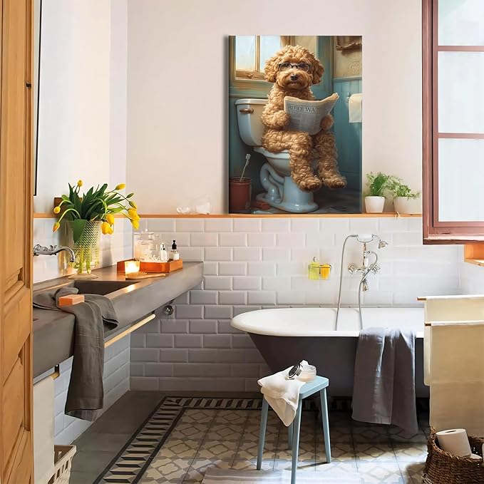 Yaneiro Funny Bathroom Canvas Wall Art-Set of 2 Poodle On Toilet Reading Newspaper Wall Decor Goldendoodle In Shower Humor Animal Poster Picture for Dog Lovers Restroom Ideas Decor 12x16 Inch Framed