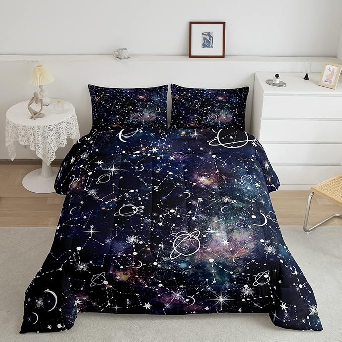 Erosebridal Starry Sky Comforter Set Full Size Constellation Bedding Set Galaxy Sun Moon Down Comforter Purple Universe Print Bedroom Decor Quilt Set for Kid Men Women