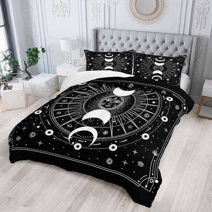 AILONEN Sun and Moon Comforter Set for Teens Boys Kids Girls, Galaxy Astrology Bedding Set Queen Size,Bohemian Sun Moon Quilted Duvet,Galaxy Quilt,1 Comforter 2 Pillowcases 3 Piece