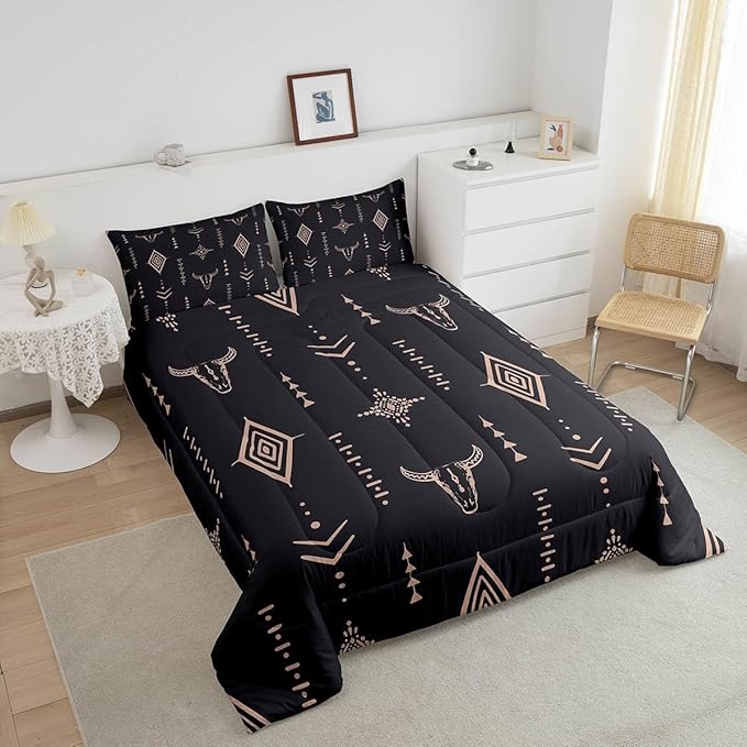 Bull Skull Comforter Set Twin Boho Bedding Ethnic Horns Bohemian Bedding Comforter Sets Black Brown Tribal Symbol Mysterious Aztec Bedroom Decor Abstract Geometric Duvet Insert for Men Boys