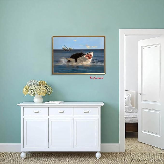 Yaneiro Black Cat Wall Art, Funny Quirky Cat and Shark Pictures Canvas Print, Abstract Black Cat Shark Posters Wall Decor for Room Bedroom Living Room Bathroom 12x16in Unframed