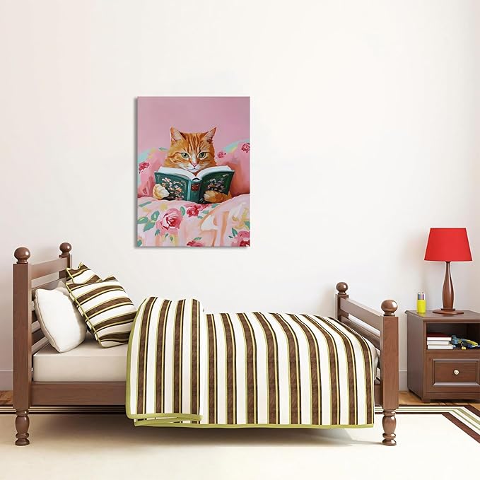 Yaneiro Framed Vintage Cats Canvas Wall Art, Funny Animal Reading Books Poster Printing Pictures, Pink Cute Cat Lovers Wall Decor for Girls Room Bedroom Kids Room Living Room Bathroom 16x24 in