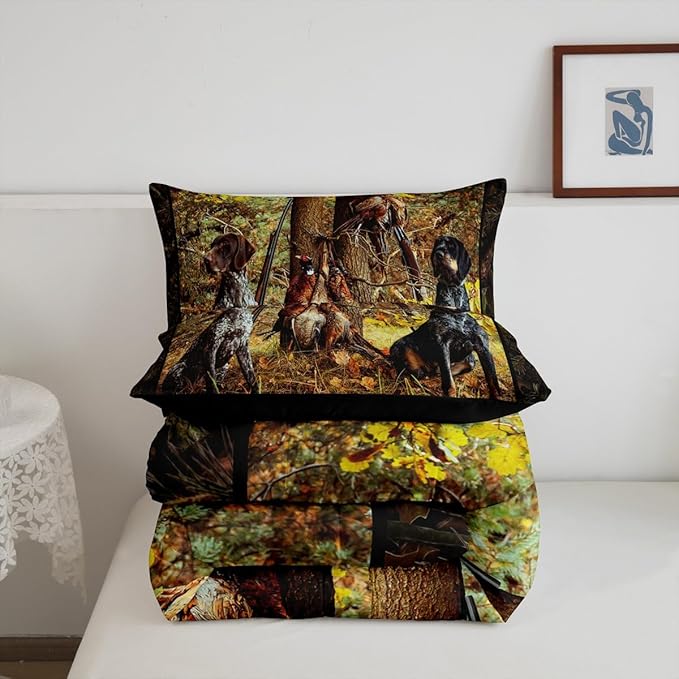 Erosebridal Pheasant Hunting Comforter Set Queen Size Black Dog Bedding Set Boho Farmhouse Wild Animals Down Comforter Woodland Leaves Hunter Gun Room Decor Quilt Set for Men Boys Adults Kid