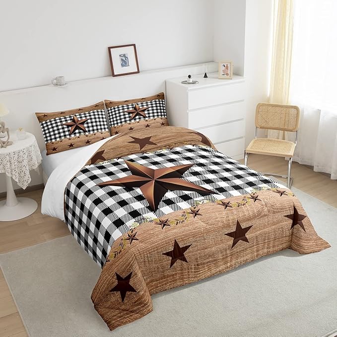 Western Texas Star Comforter Set Twin, Farmhouse Black Plaid Bedding, Brown Vintage Country Star Bedding Comforter Sets, Retro Rustic Checked Grid Bedroom Decor Wooden Grain Quilt For Kids Boys Girls