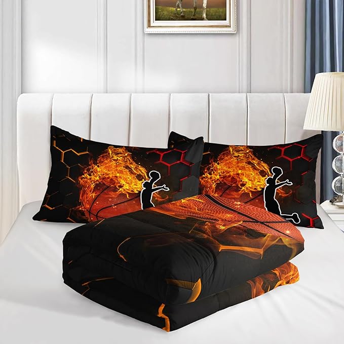 Basketball Bedding King Size,Black Honeycomb Background Comforter Flame Basketball Print Bedding Set for Boys Girls Bedroom Decor,Slam Dunk Sports Themed Sets Comforter with 2 Pillowcases.