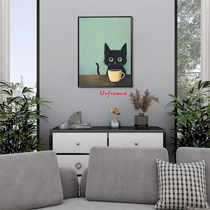 Yaneiro Fun Black Cat Wall Art Abstract Drinking Coffee Picture Cute Retro Black Cat Wall Decor Canvas Poster Print Suitable for Cafe Bar Living Room Restaurant Bedroom 12x16in Unframed