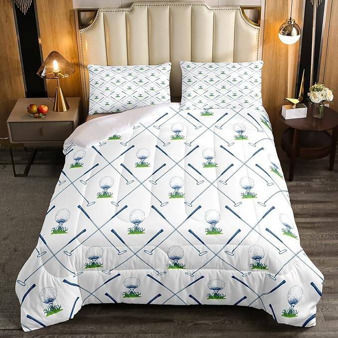 Erosebridal Golf Comforter Set King Size Golf Club Bedding Set Sport Game Athlete Grass Leaf Branches Down Comforter for Men, Room Decorative 3 Pieces Comforter with 2 Pillowcases, White