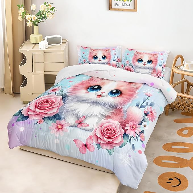 AILONEN Cute Kawaii Cat Full Bedding Set for Girls,Watercolor Floral Kitten Kids Comforter Set,Pink Tie Dye Pet Cat Butterfly Comforter with 2 Pillowcases, 3 Piece