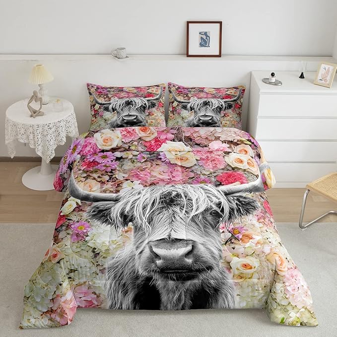 Erosebridal Highland Cow Comforter Set King Size Rose Flower Bedding Set for Kids Girls Boys Teens Adult Western Wild Animal Bull Cattle Down Comforter Funny Farmhouse Comforter Pink Grey