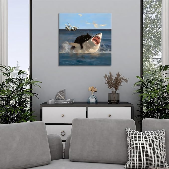 Yaneiro Framed Black Cat Wall Art, Funny Quirky Cat and Shark Pictures Canvas Print, Abstract Black Cat Shark Posters Wall Decor for Room Bedroom Living Room Bathroom 20x20 inch
