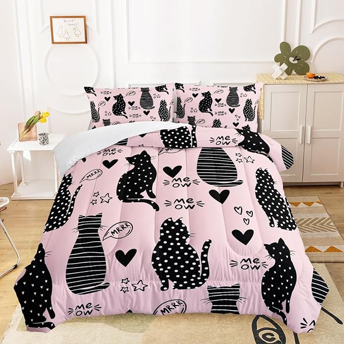 AILONEN Black Cat Comforter Set Full Size,Pink and Black Soft Microfiber Kitted Bedding Set,3-Piece Cat Lover Bedroom Comforter with 2 Pillowcases